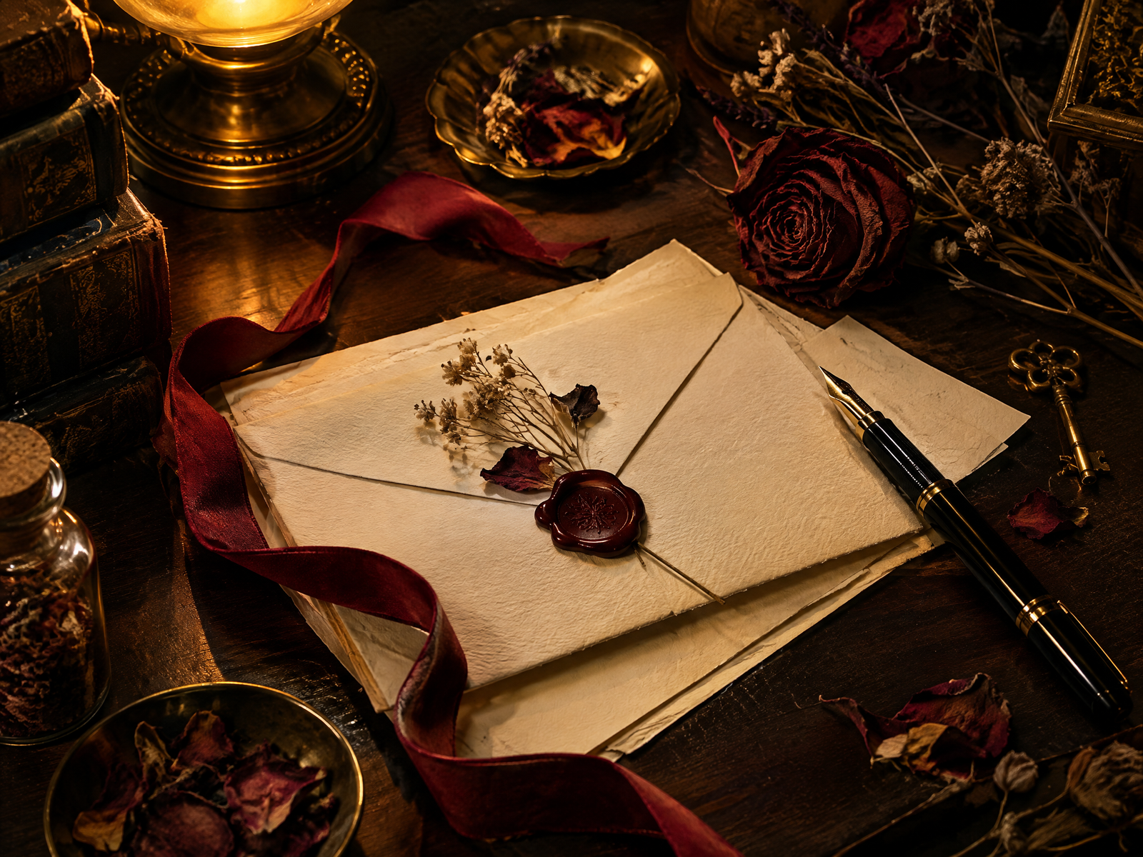 Carta antigua con cinta roja, pluma y sello de cera