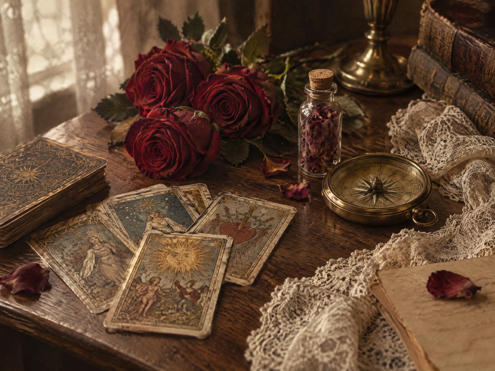 Rosas rojas, cartas de tarot y brújula antigua sobre una mesa